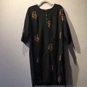 W 18 Kurta Dark Green Gold Print Indian Attire Viscose